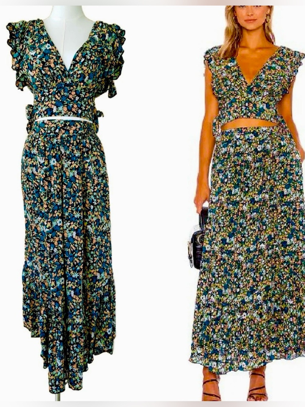 NEW FREE PEOPLE Pretty Daze 2-Piece Floral Crop Top Maxi Skirt Set XS Black!!!!